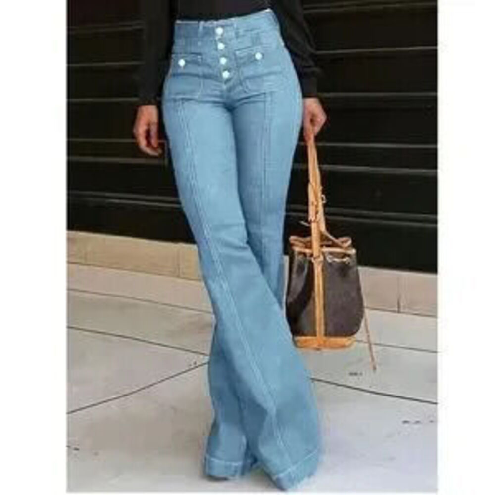 Dark Wash High waisted Button Fly Flared Leg Denim Jeans Pants - Picture 3 of 5